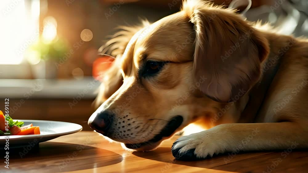 Dog Resting Head on Table with Warm Light in Dog-Friendly Indoor Space