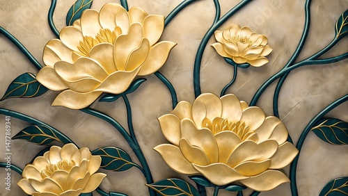 Elegant golden flowers with ornate green stems and leaves adorn a textured background