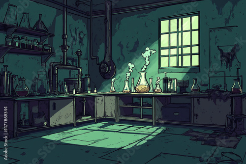 Eerie scientist's laboratory with bubbling flasks and ominous shadows on the walls, Graphic Novel style photo