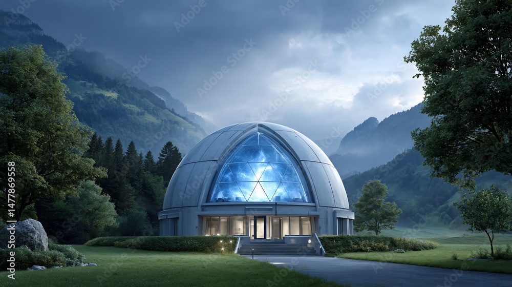 Fototapeta premium Futuristic biodome nestled amongst alpine mountains