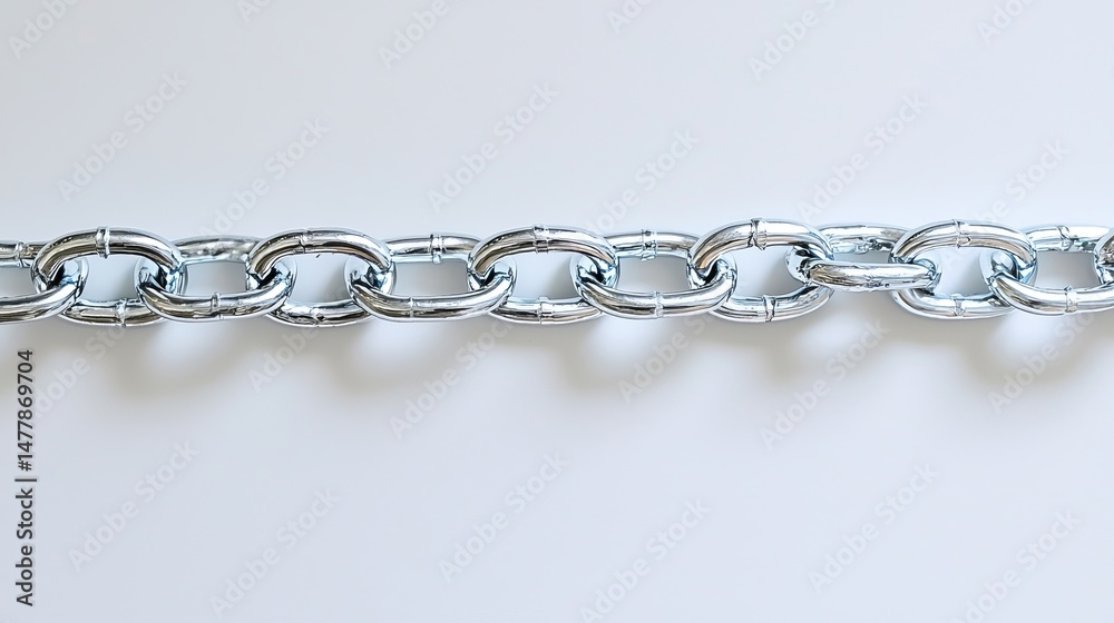 Fototapeta premium Detailed close-up of a robust, shiny silver metal chain with interconnected reflective links displayed on a bright white surface.
