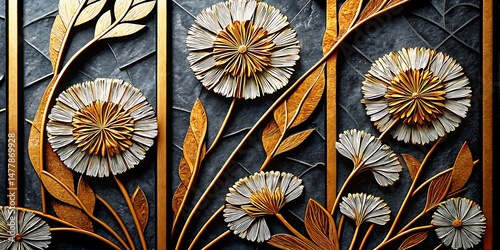 Elegant gold flowers and leaves interweave across a textured dark backdrop, creating a stunning statement