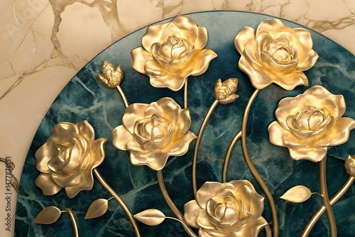 Elegant golden roses adorn a marble disc against a backdrop of matching marble veining