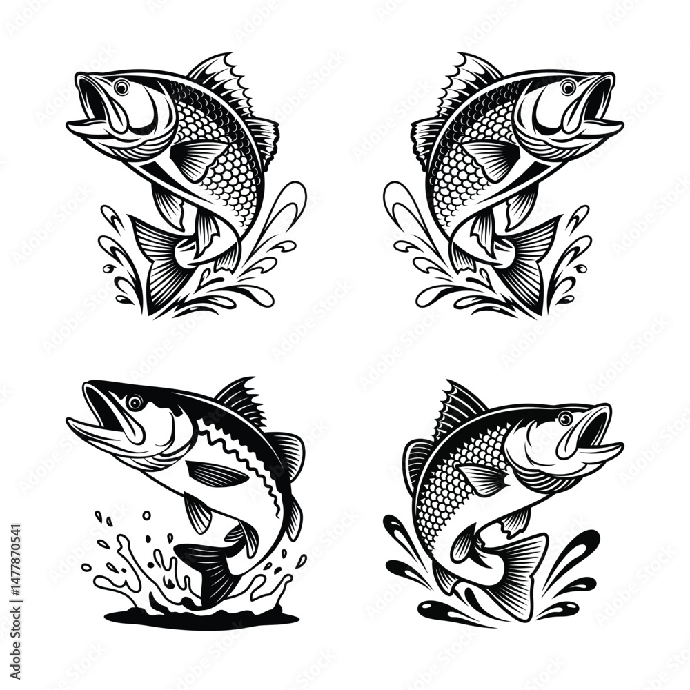Fototapeta premium Jumping Bass Fish Black and White Vector Illustration