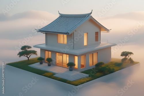 Classic Japandi Pagoda Home in Blue Mist