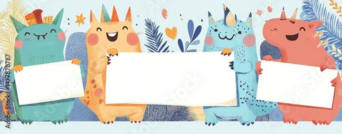 Cute characters hold banners in a fun design.