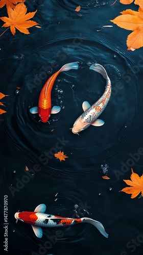 Colorful Koi Fish in Japanese Pond with Floating Autumn Leaves