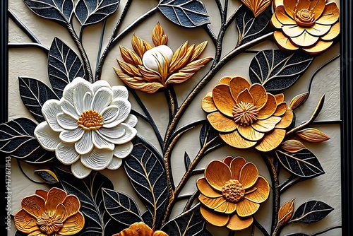 Elegant white and golden blossoms climb sculptural branches, enriched with dark leaves in a framed art piece