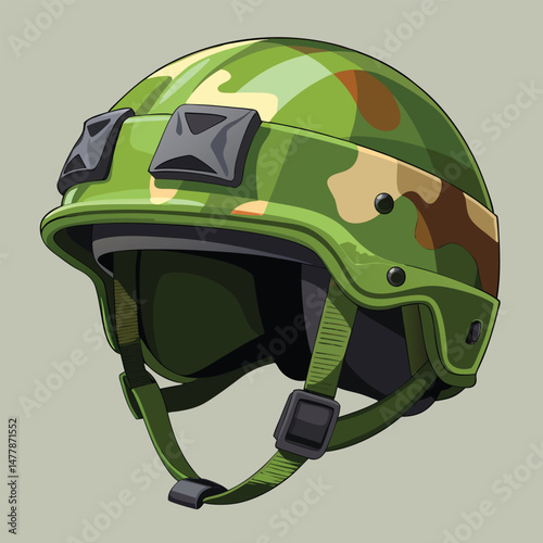 Military Camouflage Helmet: A detailed view of a military helmet with a camouflage pattern. This image reflects themes of defense and protection.