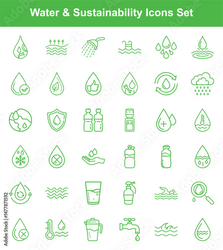 Water and Sustainability Line Icons Collection, Representing Resources, Conservation, and Ecological Balance