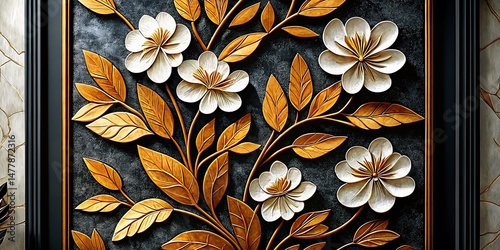 Embossed white flowers bloom alongside golden leaves against a textured black background, beautifully framed