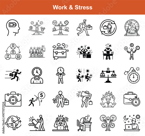 Workplace Stress and Burnout Line Icons Depicting Time Pressure, Financial Anxiety and Low Energy
