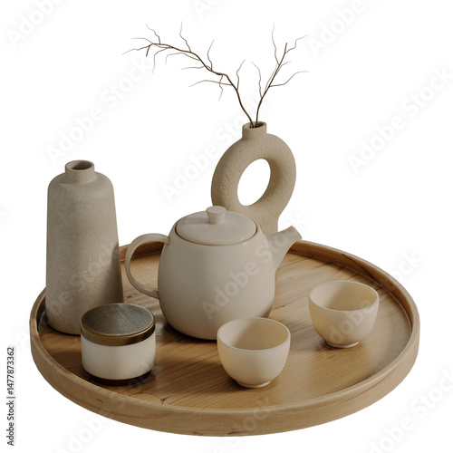 A wooden tray with a teapot, two cups, and a vase