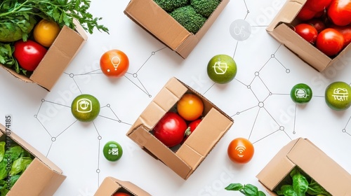 Fresh vegetables and fruits in eco friendly packaging with networking icons