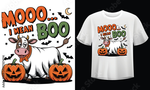 Funny Halloween Cow Vector – Mooo I Mean Boo Ghost Costume T-Shirt Design