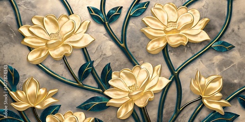 Gleaming gold lotus blooms and teal leaves elegantly adorn the textured surface with luxurious flair