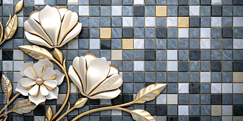 Fototapeta Naklejka Na Ścianę i Meble -  Glistening golden leaves surround white and gold blossoms on a tiled wall background