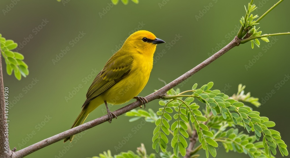 Obraz premium Yellow Bird on Green Branch - A vibrant yellow bird perches peacefully on a lush green branch, symbolizing serenity, nature, freedom, hope, and spring