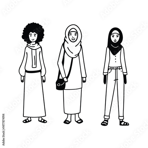 Diverse Women in Hijab Afro Hair and Asian Fashion Vector Set