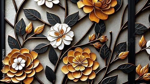 Gold and white floral embellishments with black leaves highlight ornate textured beauty
