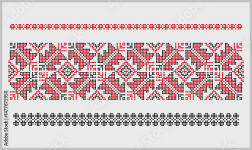 Beaded red and black patterns from traditional ornaments of Odesa region, Ukraine, borders set