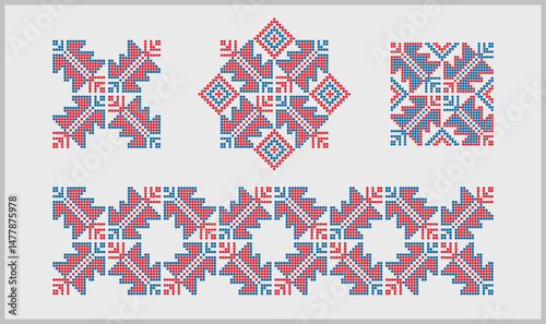 Modern beaded patterns from traditional vyshyvanka embroidery from Ukraine, ornaments set in blue and red
