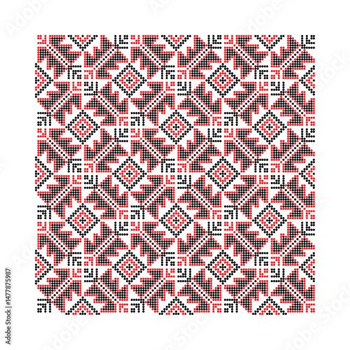 Seamless traditional pixel ornament from Odesa region, southern Ukraine in red and black colors