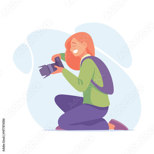A young photographer passionately capturing beautiful moments in the great outdoors and nature