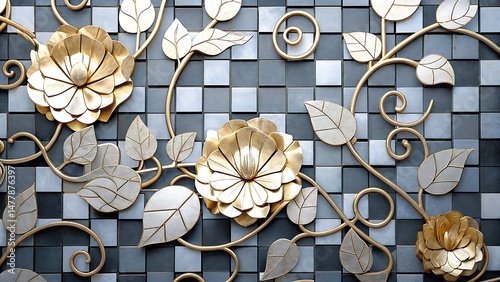 Golden flowers and leaves on a gray block background create an elegant decorative texture