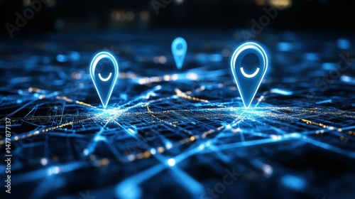 Neo Global Network Location Pins, Digital Map with Three Glowing Blue Pins Representing Global Locations, Connectivity, and Strategic Planning for Worldwide Business Expansion.