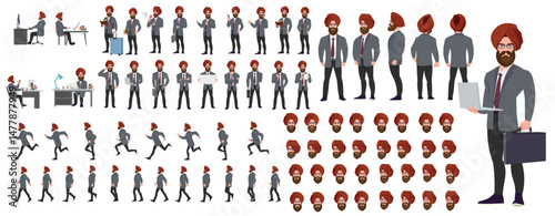 Man Character design. Front, side, back view and explainer animation poses. Character set with lip sync and facial expressions of Happy, angry, sad, Joy with Side walk cycle animation sequence sprite 