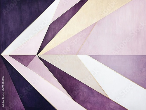 Abstract geometric background features elegant symmetrical shapes in purple, pink, beige, and white accented by delicate gold lines.