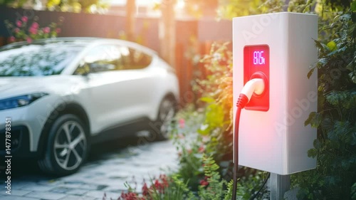 Charging an electric car at home, symbolizing the convenience of sustainable transport and environmental responsibility.