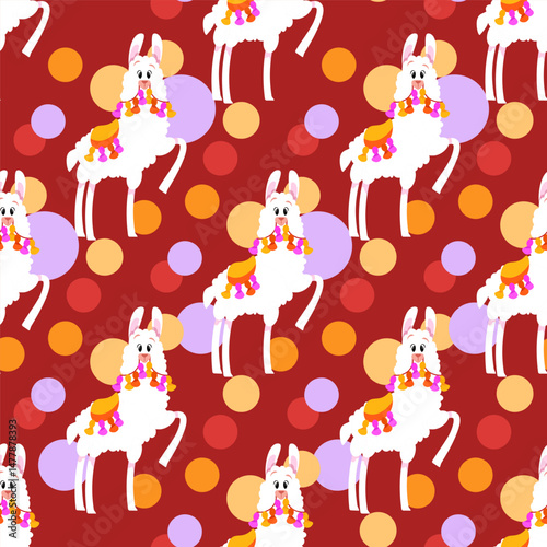 Seamless pattern of white fluffy llamas with colorful circles on the background