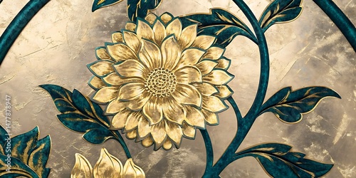 Golden flower with teal leaves beautifully adorns textured backdrop, presenting an elegant aesthetic