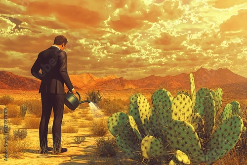 Elegance Meets Sustainability – Man in Luxury Suit Watering Desert Cactus at Sunset. Generative AI.