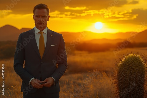Elegance Meets Sustainability – Man in Luxury Suit Watering Desert Cactus at Sunset. Generative AI.