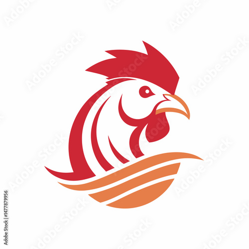 Stylized Rooster Head with Red Comb and Orange Wattle Logo Design