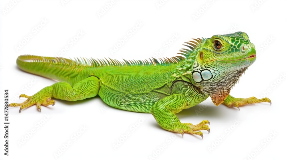Fototapeta premium Vibrant Green Iguana Crawling on White Background in Natural Pose