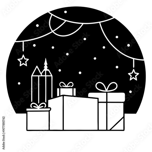 Gift-wrapping-night Vector Illustration | Printable Holiday Graphic Design for Digital Download  
  