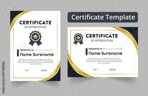 Modern blue and golden certificate template and border, for award, diploma, and printing