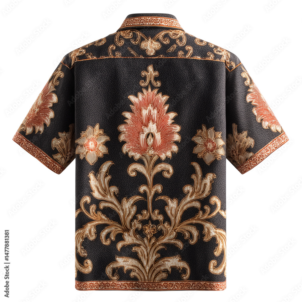 Black floral patterned shirt with intricate embroidery design
