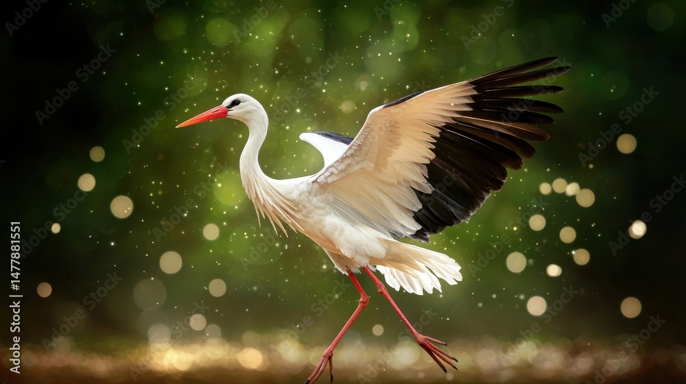 Fototapeta premium Elegant Stork Spreading Wings Against a Soft Glowing Background