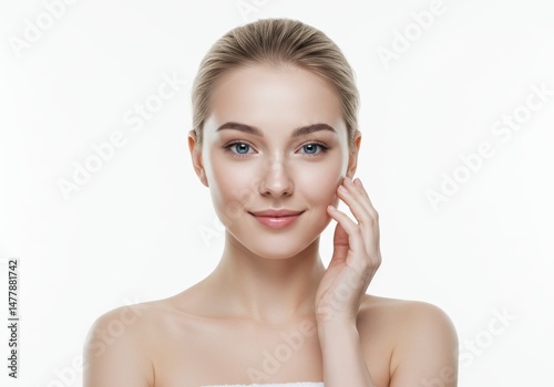 Woman Touching Face Smiling with Natural Skin Care Concept photo