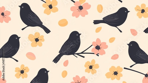 Birds and flowers seamless pattern photo