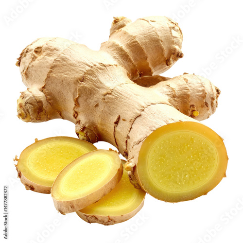 Fresh ginger root with sliced sections showcasing its vibrant yellow interior photo