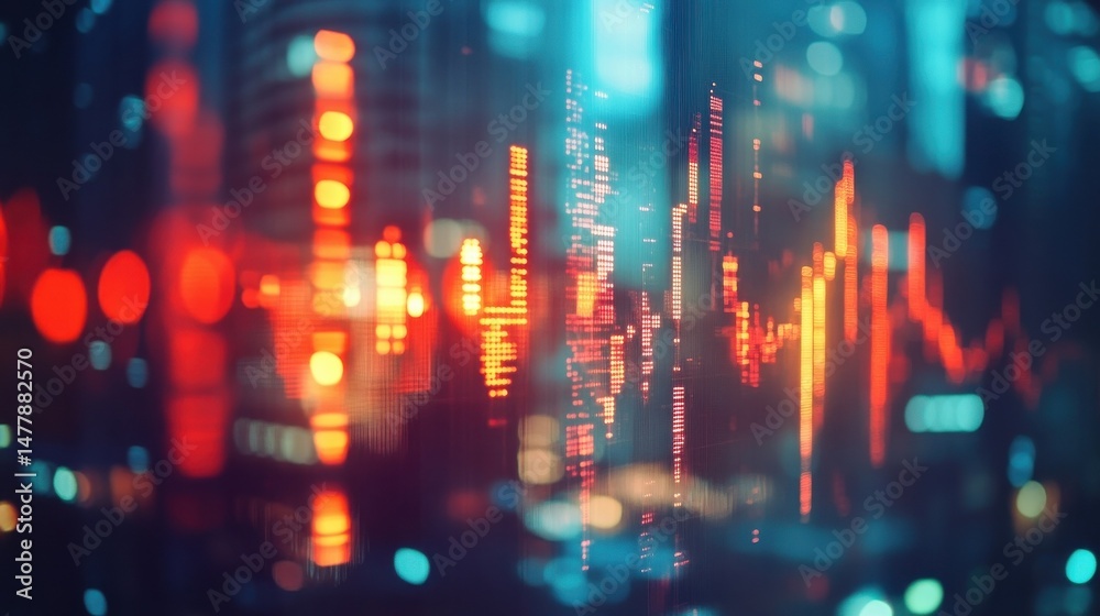 Abstract glowing big data forex candlestick chart on blurry city backdrop. Trade, technology, investment and analysis concept. Double exposure illustration , no logos, no brands Abstract glowing big data forex candlestick chart on blurry city backdrop. Trade, technology, investment and analysis concept. Double exposure illustration , no logos, no brands