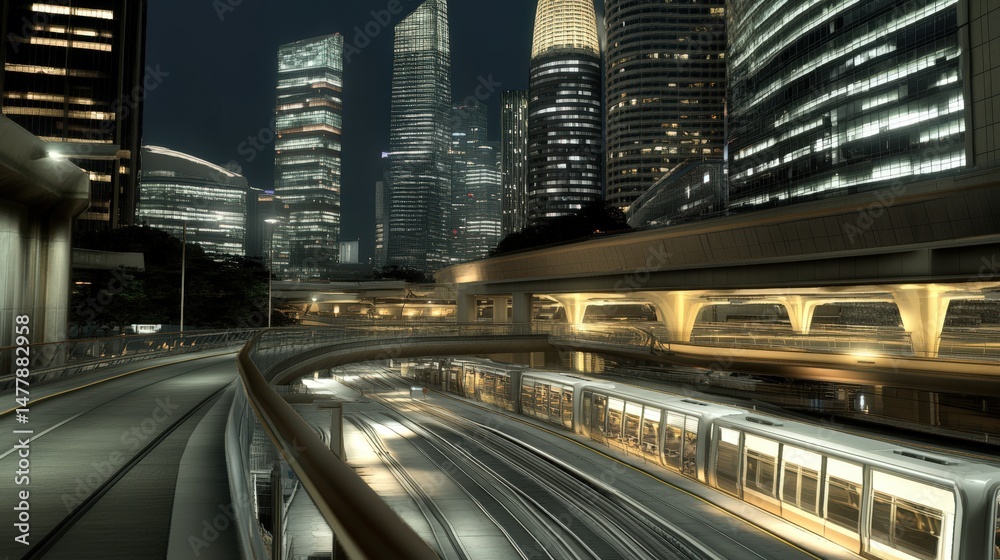 Obraz premium Night cityscape panorama of a busy urban highway.
