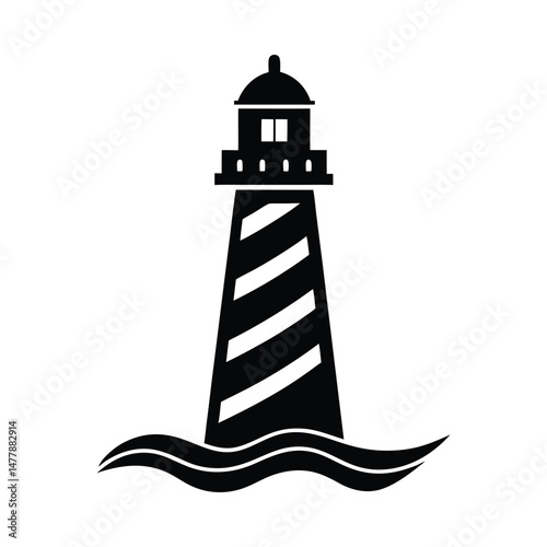 Lighthouse on sea waves simple silhouette on white background