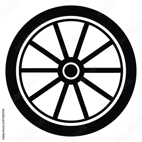 Stylized Black and White Illustration of an OldFashioned Cart Wheel Design